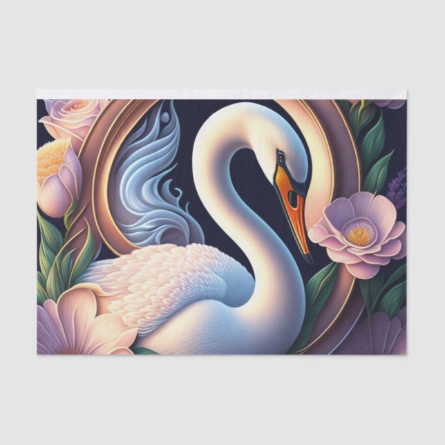 Papel De Seda Cisne de Aquarela Elegante na Flor Oriental (Frente )