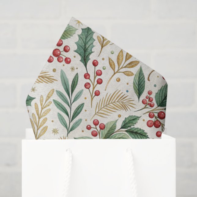 Papel De Seda Classic Merry & Bright Red Green and Gold Holly (Sacola de presentes)