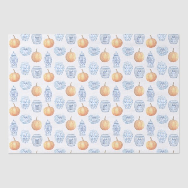 Papel De Seda Clássica Aquarela Pumpkins Blue Ginger Jars (Frente )