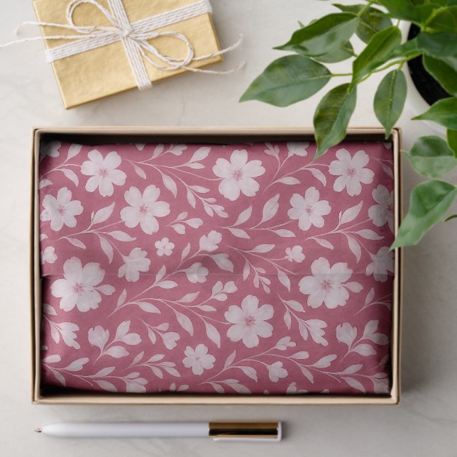 Papel De Seda Clássica Deixa Padrão De Arte Floral A Rosa Escuro (Presente)