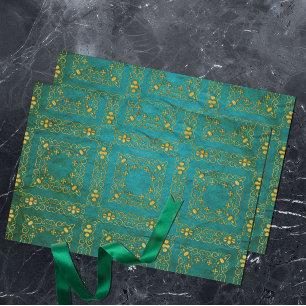 Papel De Seda Clássico Dourado Damasco Brocade em Teal