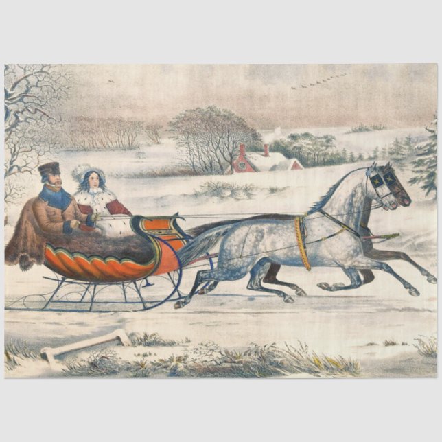 Papel De Seda Clássico Passeio de Trenó de 1853 Currier Ives Est (Frente )