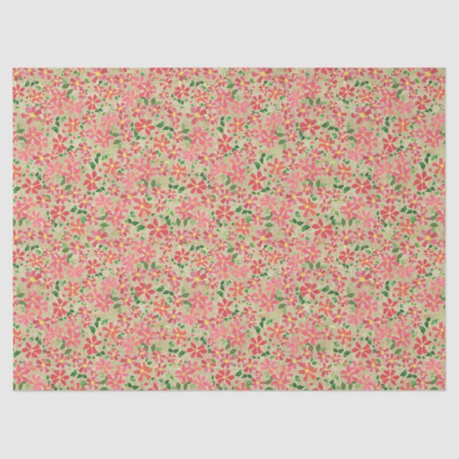 Papel De Seda Clematis Pink, Red, Orange Floral Patterno em Taup (Frente )