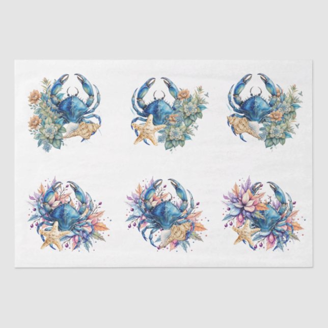 Papel De Seda Coastal Beach Floral Blue Crab & Shells Decoupage  (Frente )