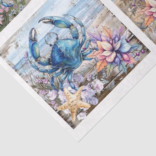 Papel De Seda Coastal Beach Floral Blue Crab & Shells Decoupage  (Detalhes)