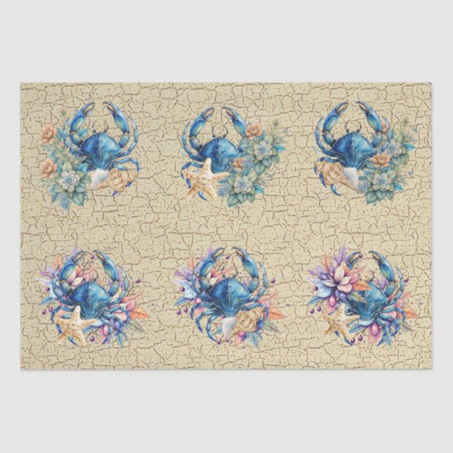 Papel De Seda Coastal Beach Floral Blue Crab & Shells Decoupage  (Frente )