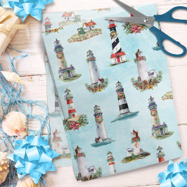 Papel De Seda Coastal Christmas Nautical Lighthouses Blue