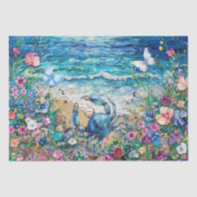 Coastal Floral Blue Crab & Butterflies Decoupage