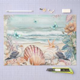 Papel De Seda Coastal Floral Seagulls & Seashells Decoupage 