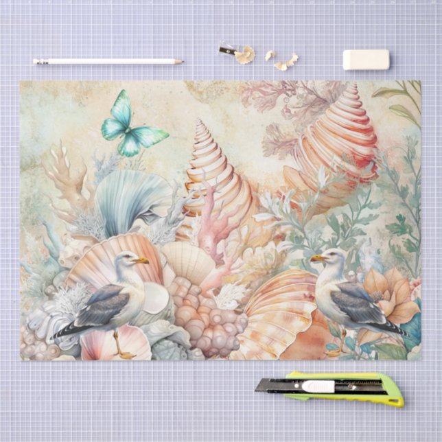 Papel De Seda Coastal Floral Seagulls & Seashells Decoupage  (Arte )