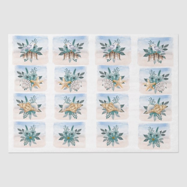 Papel De Seda Coastal Sandpipers Flowers Shells Decoupage Paper (Frente )