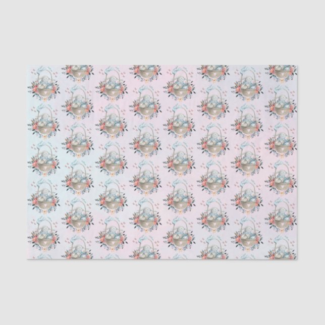 Papel De Seda Coelhinho bonito em uma cesta com ovos e flores Bo (Frente )