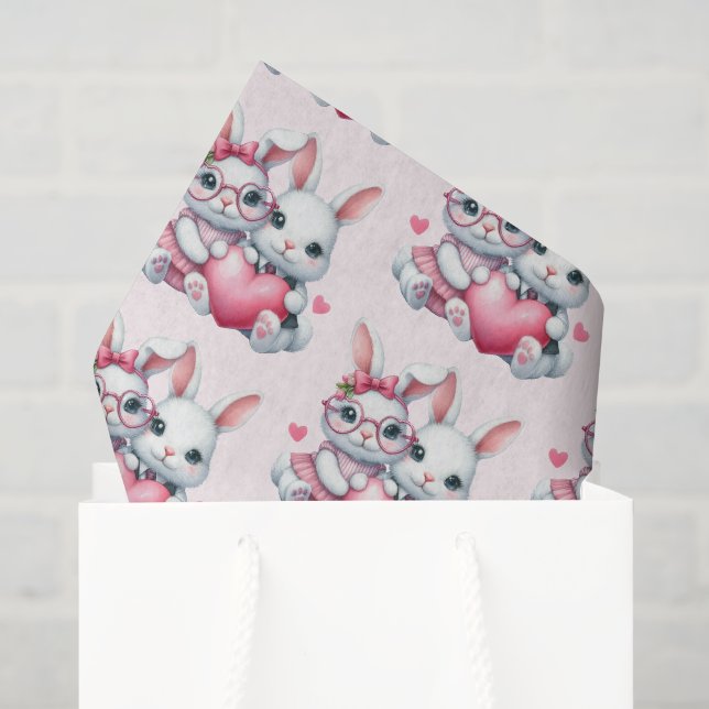 Papel De Seda Coelhinhos Fofos Compartilhando um Padrão de Coraç (Sacola de presentes)