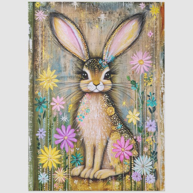 Papel De Seda Coelho Boho Fofo e Flores de Primavera, Arte Folcl (Frente )