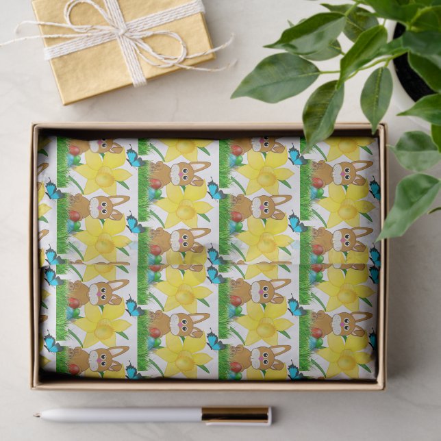 Papel De Seda Coelho da Páscoa e Flor de Narcisos Amarelos (Presente)