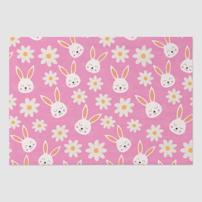 Papel De Seda Coelho de Páscoa Fofo com Flores Brancas sobre Ros (Frente )