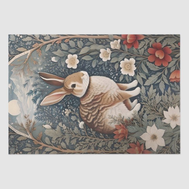 Papel De Seda Coelho Elegante Enquadrado por Flores e Folhas (Frente )