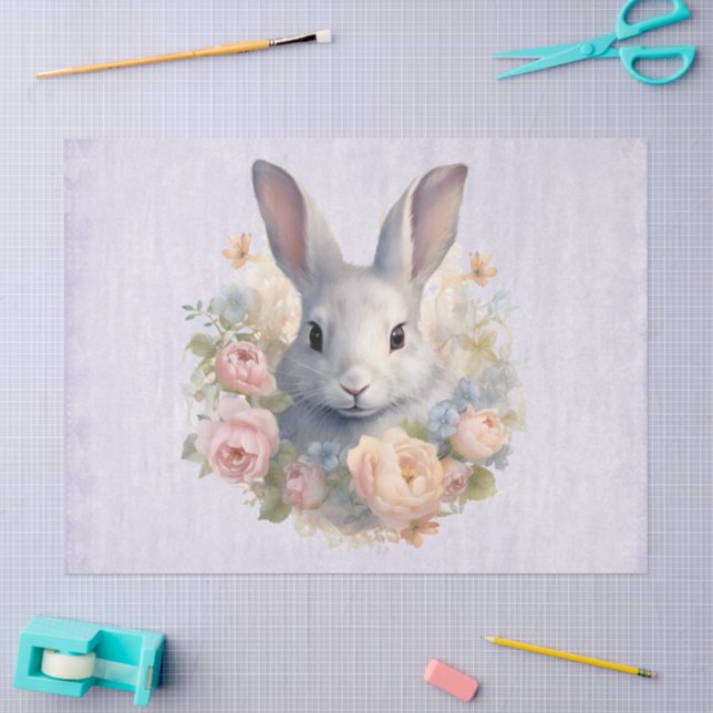 Papel De Seda Coelho Rodeado por Flores Pastel Cute (Arte )