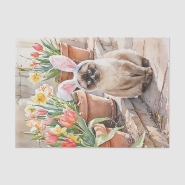 Papel De Seda Coelho Siames Cute Gato de Páscoa com Tulipas  (Frente )