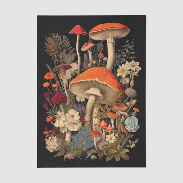 Papel De Seda Cogumelos Botânicos & Flores em Fundo Preto (Frente )