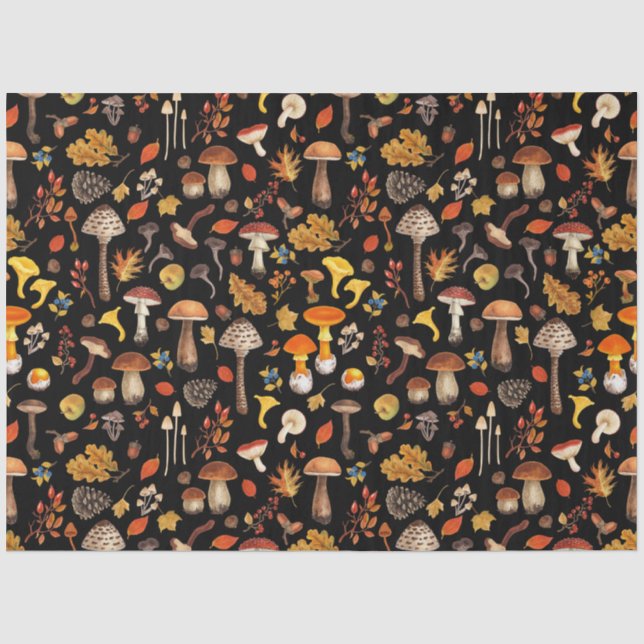 Papel De Seda Cogumelos selvagens em preto (Frente )