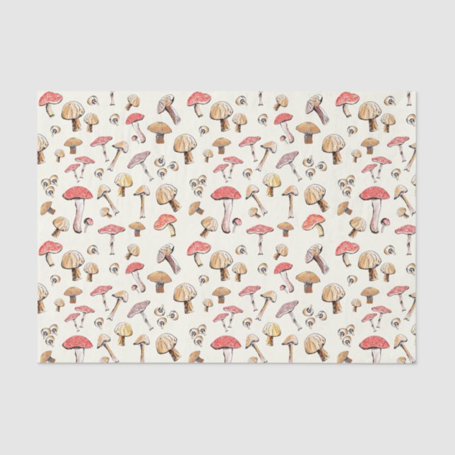 Papel De Seda Cogumelos Woodland Aquarelas Desenhadas À Mão (Frente )