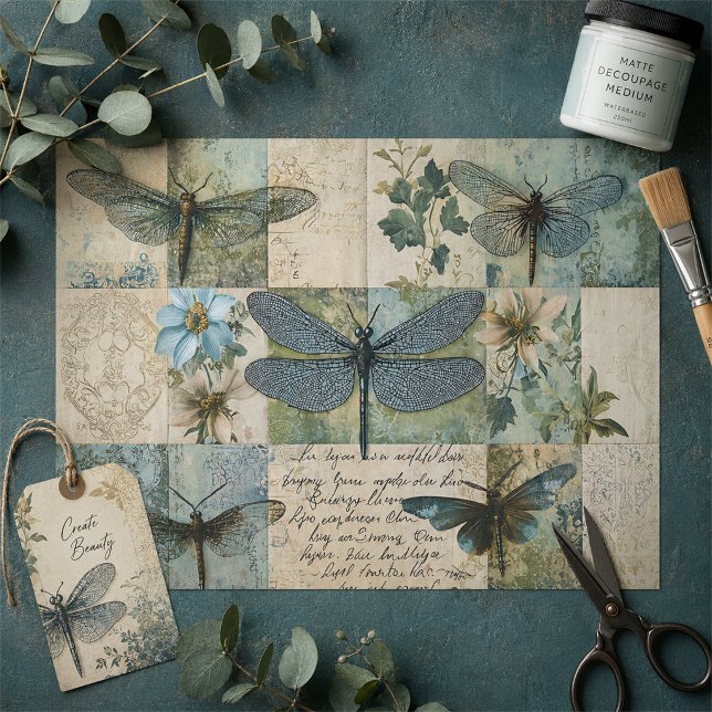Papel De Seda Colagem Botânica de Libélula Vintage Decoupage (Criador carregado)