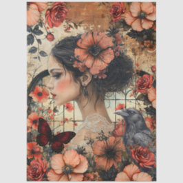 Papel De Seda Colagem de Arte de Fantasia Feminina Floral Rústic