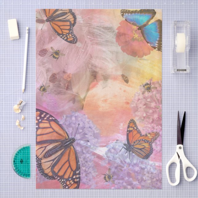 Papel De Seda Colagem de Borboletas Monarca e Abelhas (Arte )