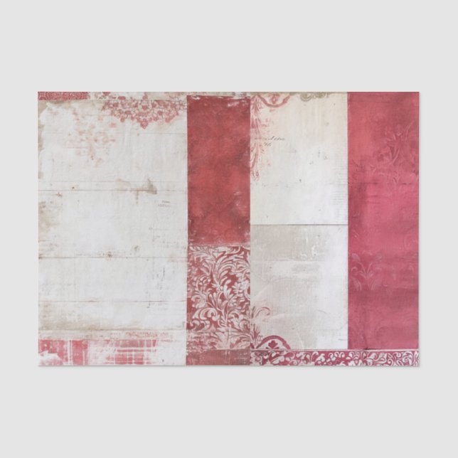 Papel De Seda Colagem de Damasco Vermelho e Branco Angustiado (Frente )