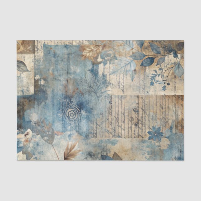 Papel De Seda Colagem de Efêmeras Angustiadas em Azul e Bege (Frente )