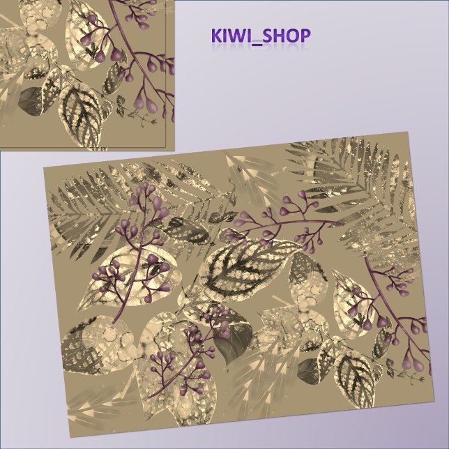 Papel De Seda Colagem de folhas com bagas Taupe (Trendy botanicals, for many uses or to dress up a gift.)