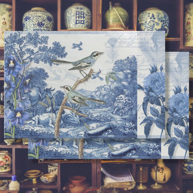 Papel De Seda Colagem de Script Branco Floral Azul Chinoiserie T (Criador carregado)