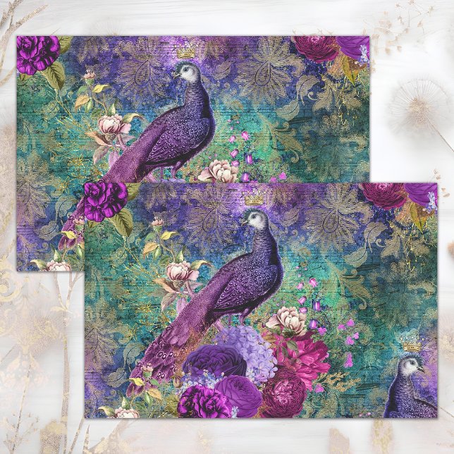 PAPEL DE SEDA COLAGEM DECOUPAGE FLORAL DE PAVÃO ROXO ROSA (PINK PURPLE PEACOCK FLORAL COLLAGE DECOUPAGE TISSUE PAPER)