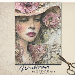 Papel De Seda Colagem Floral Antiquada Descamação do Retrato Fem