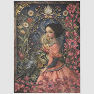 Papel De Seda Colagem Floral de Menina Gótica Vitoriana e Corvo 