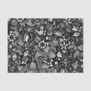 Papel De Seda Colagem floral tirada preta & branca moderna