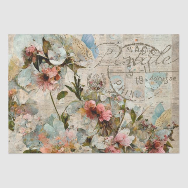 Papel De Seda Colagem Postale da Borboleta Flor do Shabby (Frente )