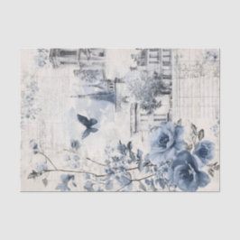 Papel De Seda Colagem Vintage Azul com Rosas e Arquitetura
