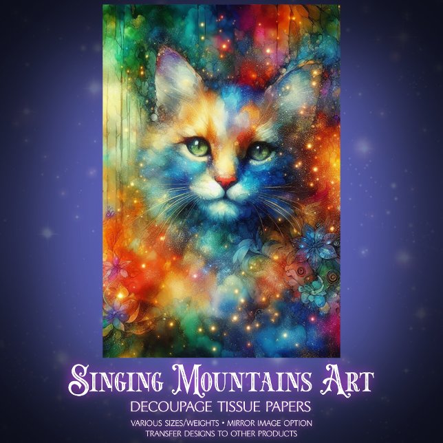 Papel De Seda Colorful Watercolor Fantasy Cat Decoupage  (Criador carregado)