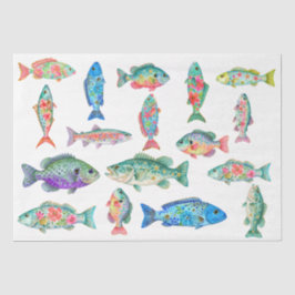 Papel De Seda Colorido Caprichoso Peixe Floral Aquarela