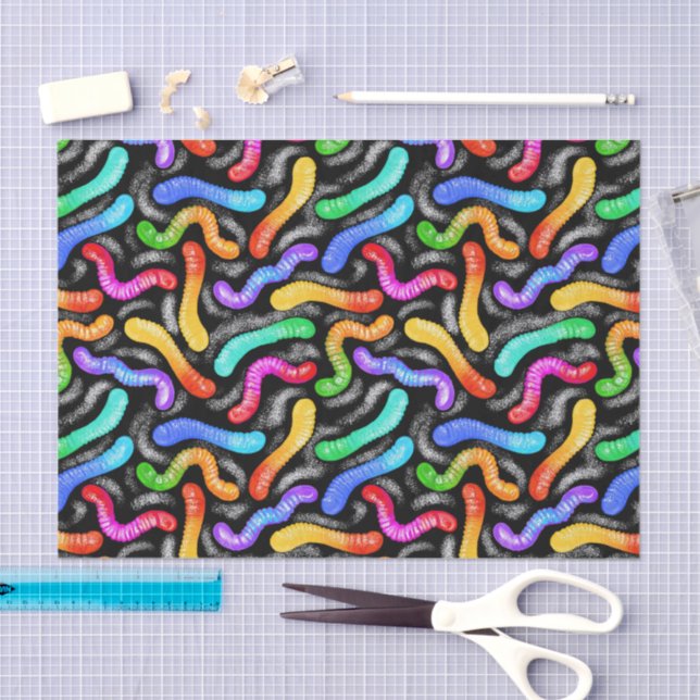 Papel de seda colorido em doce de minhoca gomosa (Arte )