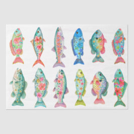 Papel De Seda Colorido Peixe Floral em Aquarela Caprichoso