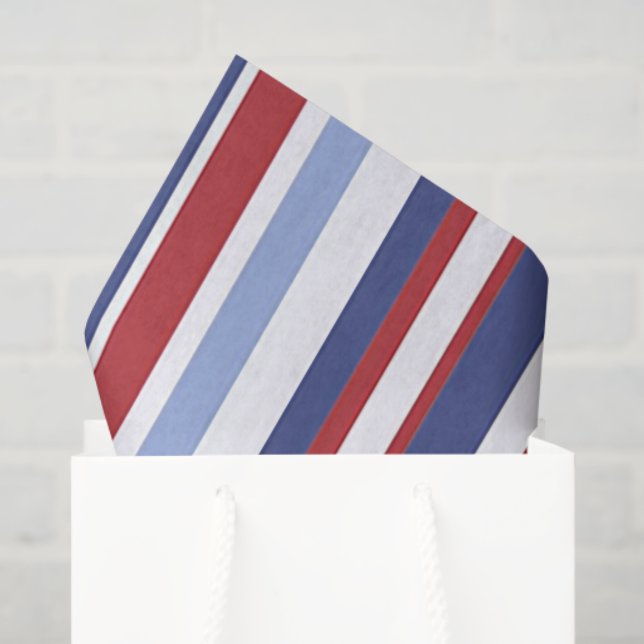 Papel de seda com listras vermelhas brancas e azui (Sacola de presentes)