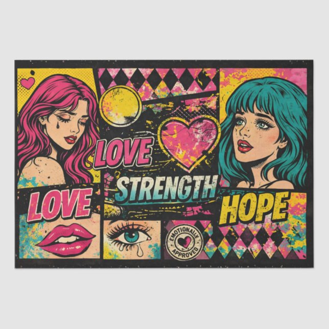Papel De Seda Comic Pop Art Decoupage Paper Love Strength Hope  (Frente )
