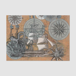 Papel De Seda Compass Rosa Vintage Navio Octopus Náutico