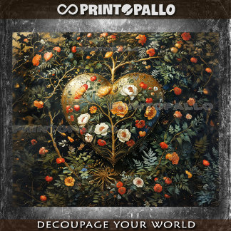 Papel De Seda Composição medieval das flores com coração dourado