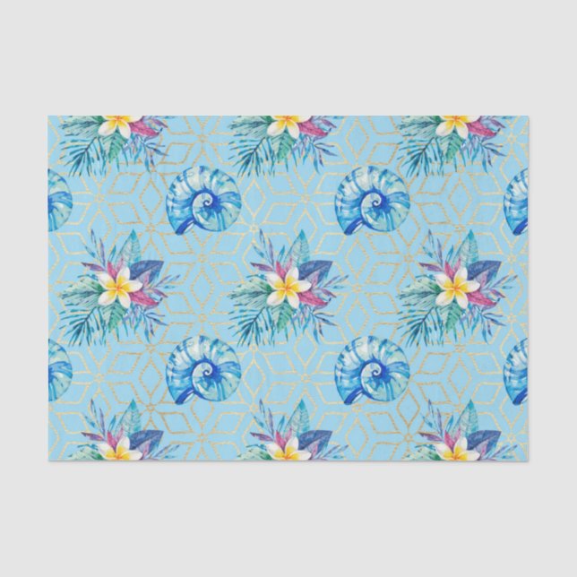 Papel De Seda Conchas Azuis e flores (Frente )