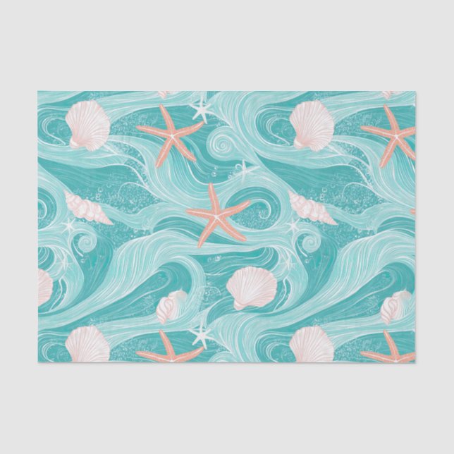Papel De Seda Conchas e Ondas do Oceano Padrão (13) (Frente )