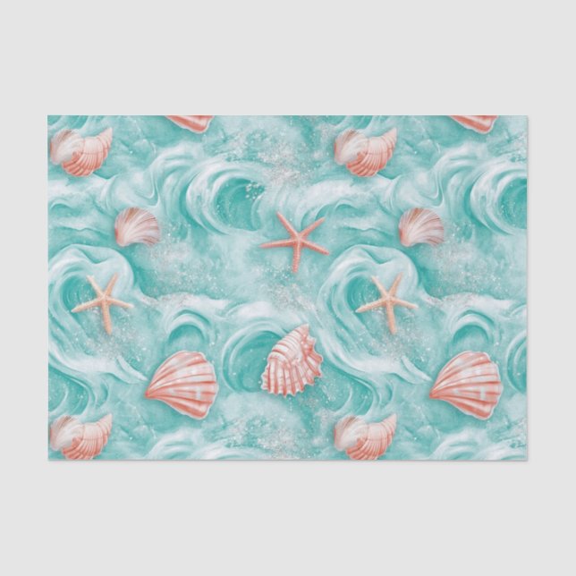 Papel De Seda Conchas e Ondas do Oceano Padrão (5) (Frente )
